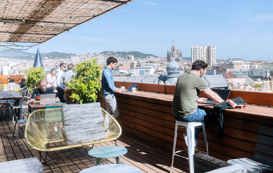 Modern coworking desks flooded with natural daylight